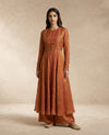 Neha Sharma Label AMAIRA terracotta crushed silk anarkali set with sleeveless jacket and dupatta.