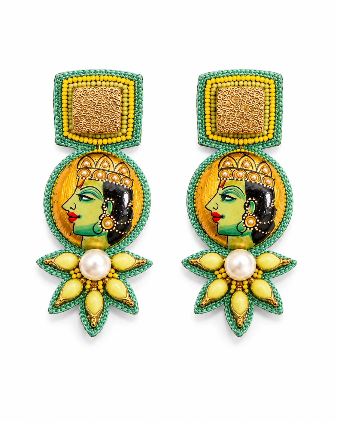 Neha Sharma Label Royal Nougat painted portrait drop earrings with green cord and yellow petal stones.