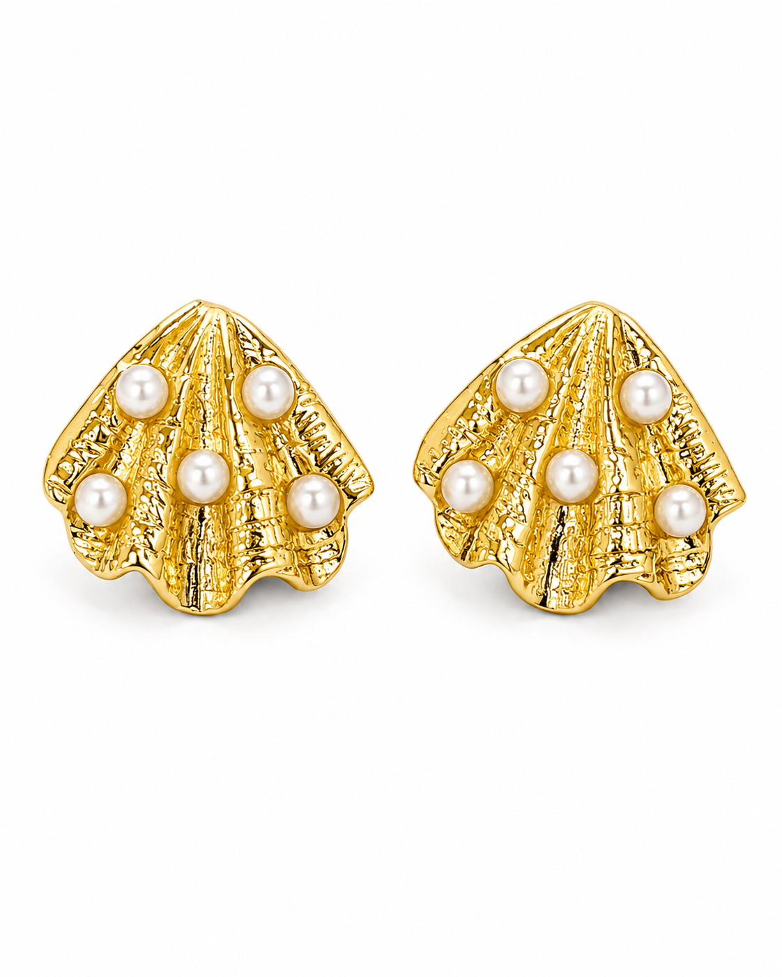 PELAGIA gold-tone shell studs set with five pearl-finish domes, by Neha Sharma Label, front view