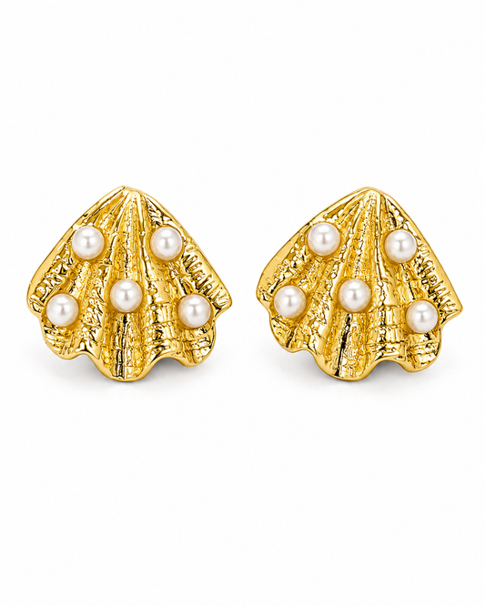 PELAGIA gold-tone shell studs set with five pearl-finish domes, by Neha Sharma Label, front view
