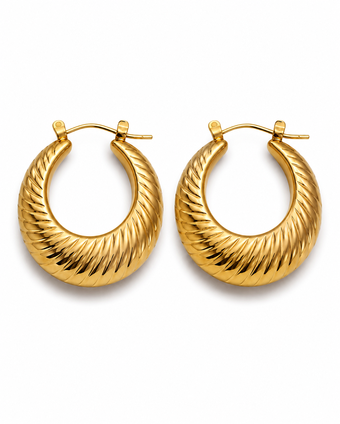MARIS gold-tone ribbed croissant hoop earrings by Neha Sharma Label, front view showing the hinged latch