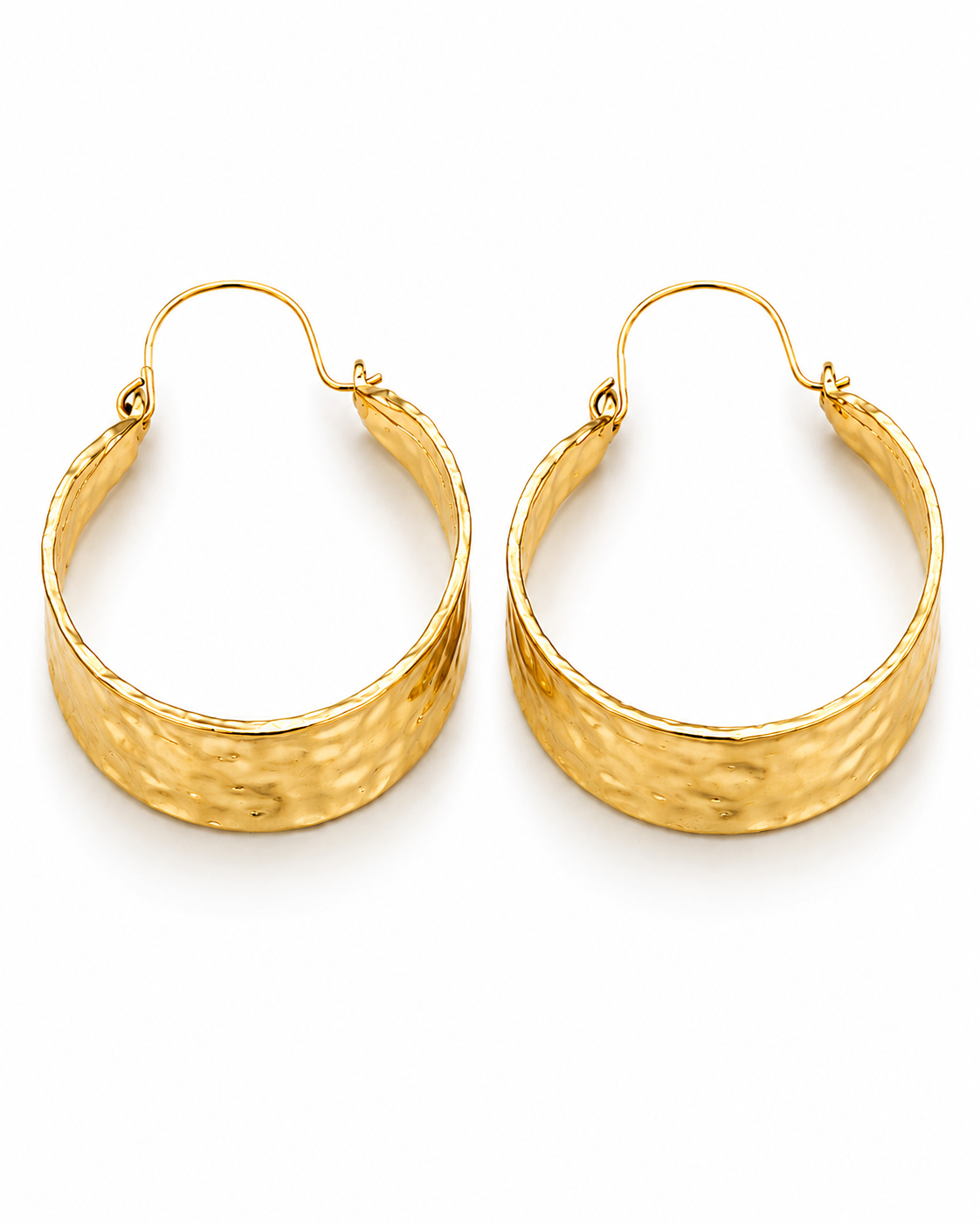 SAVERA gold-tone wide hammered band hoop earrings by Neha Sharma Label, front view showing the hinged latch