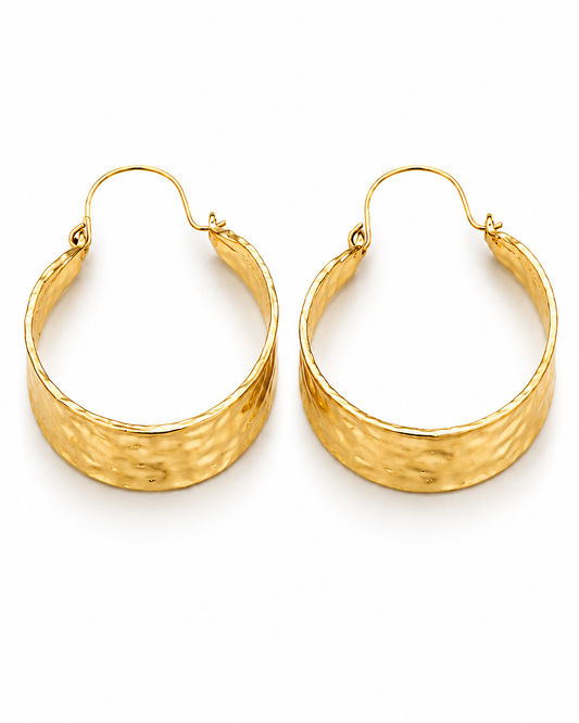SAVERA gold-tone wide hammered band hoop earrings by Neha Sharma Label, front view showing the hinged latch