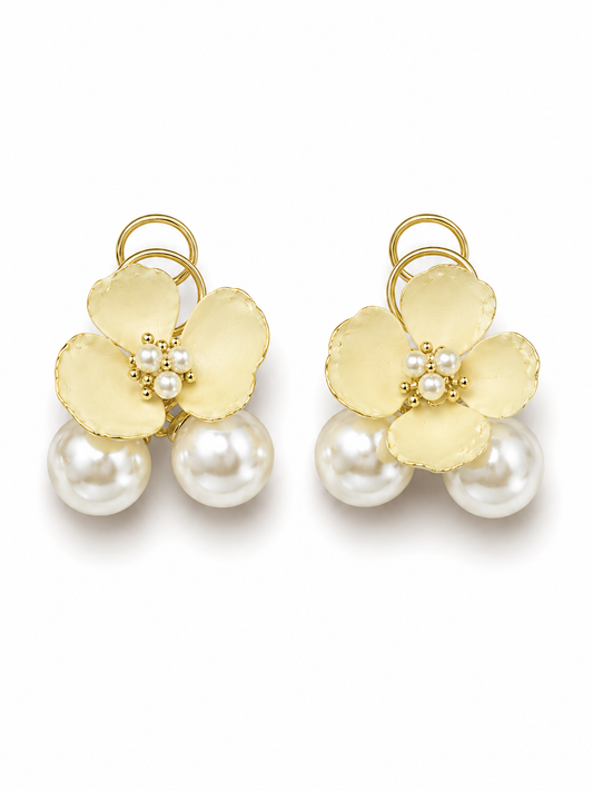 NEERA gold-tone ivory flower and pearl cluster earrings by Neha Sharma Label, front view