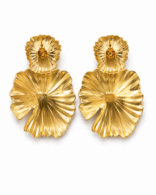 Reverse view of SAGARIKA gold-tone fluted flower earrings showing the hollow pressed backs and posts