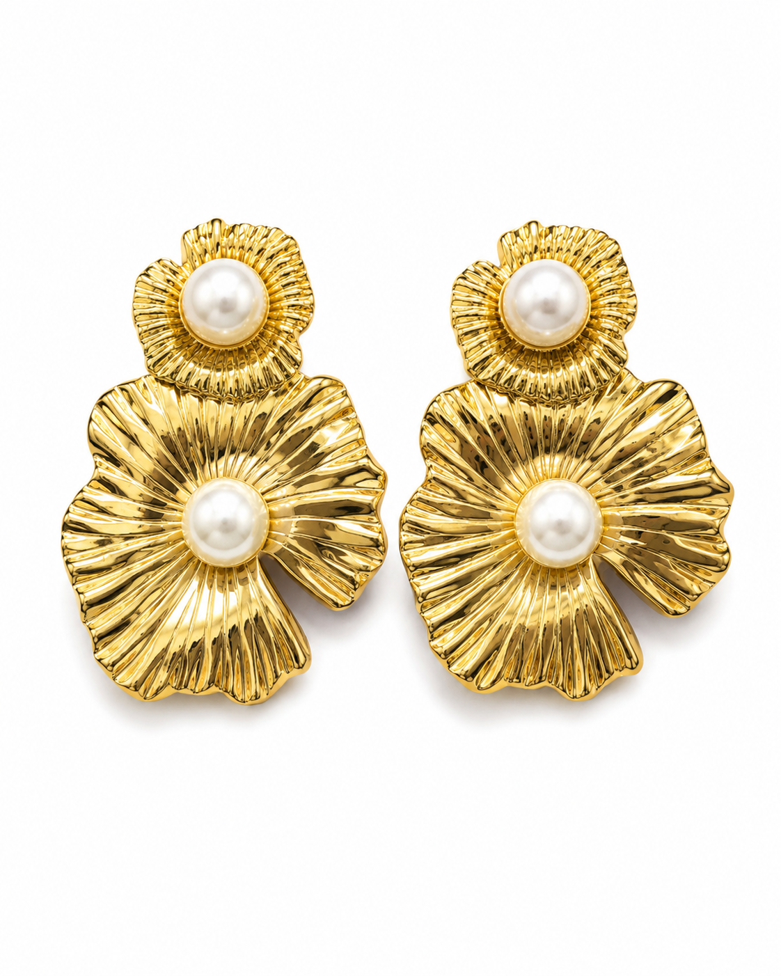 SAGARIKA gold-tone fluted flower and pearl drop earrings by Neha Sharma Label, front view