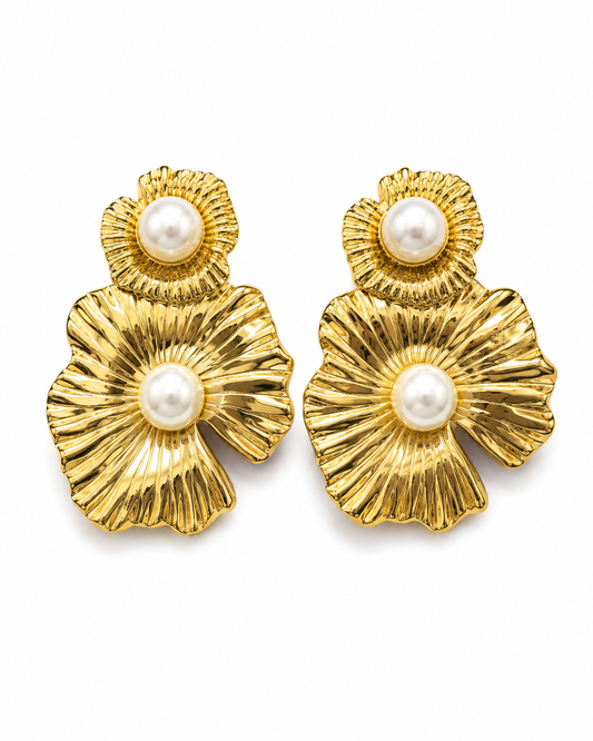 SAGARIKA gold-tone fluted flower and pearl drop earrings by Neha Sharma Label, front view