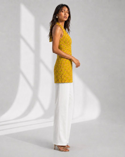 LIVARA mustard floral buti print kurti with criss-cross tie-up back and pearl drop by Neha Sharma Label