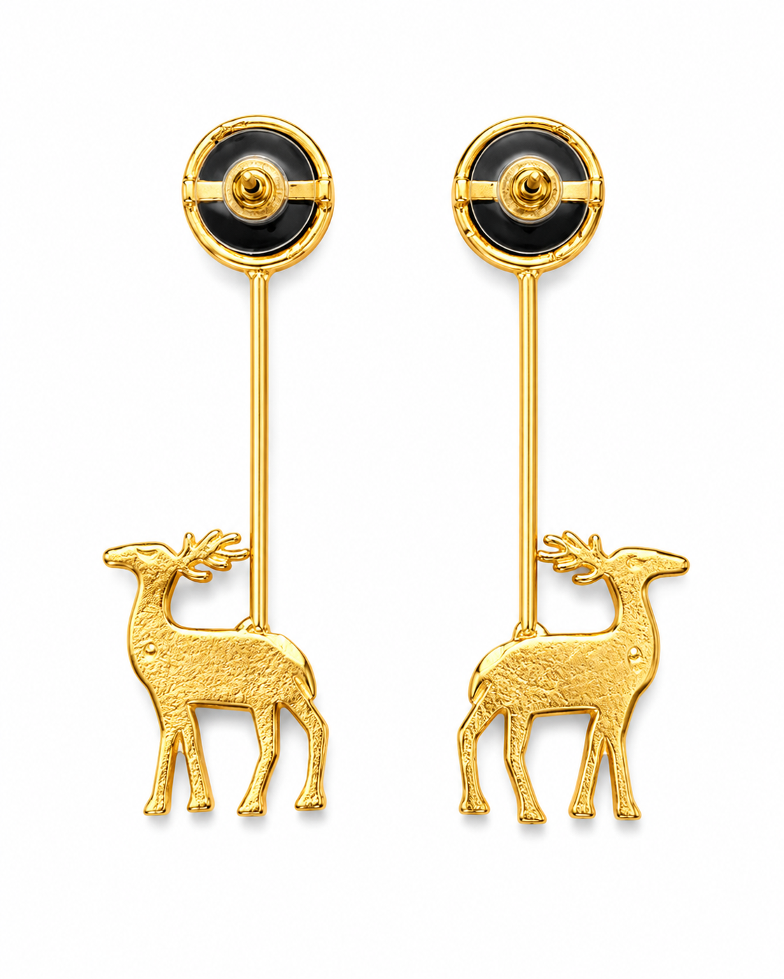 Detail of HARINI showing the spotted stag with antlers mounted at the foot of the gold-tone bar