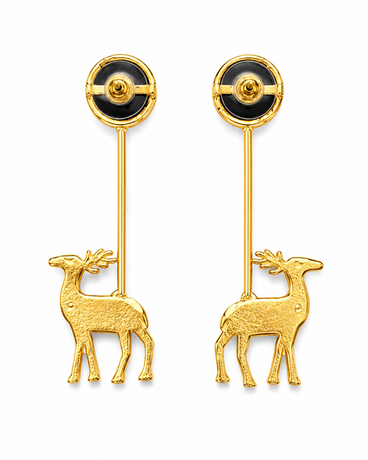 Detail of HARINI showing the spotted stag with antlers mounted at the foot of the gold-tone bar