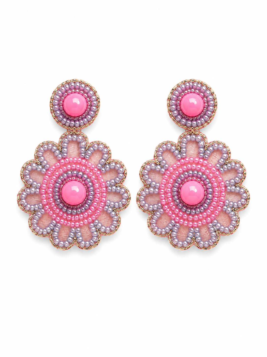 Pair of Cranberry Pop pink and lilac bead flower drop earrings with gold-tone edging by Neha Sharma Label.