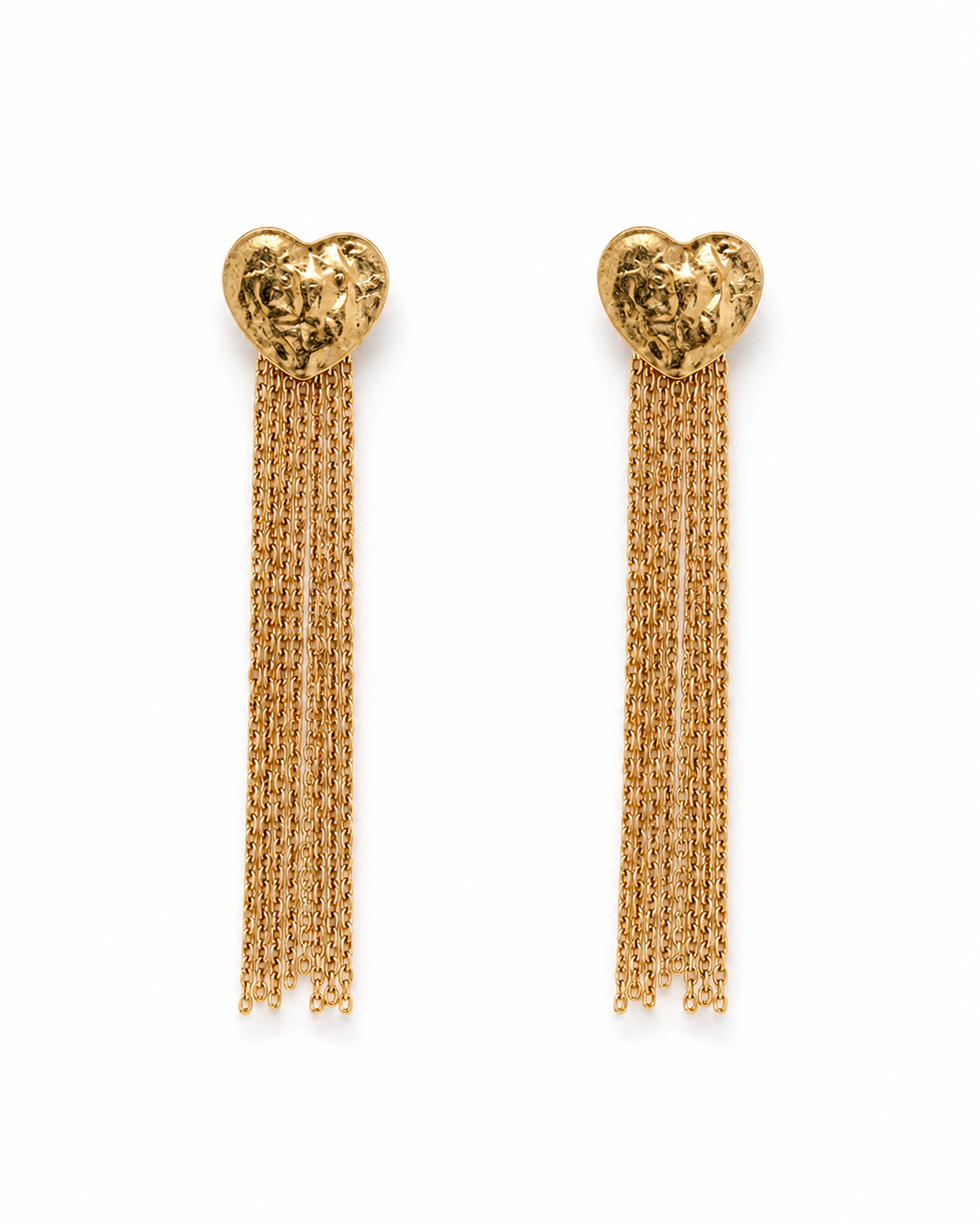 LAHARI gold-tone hammered heart chain fringe earrings by Neha Sharma Label, front view