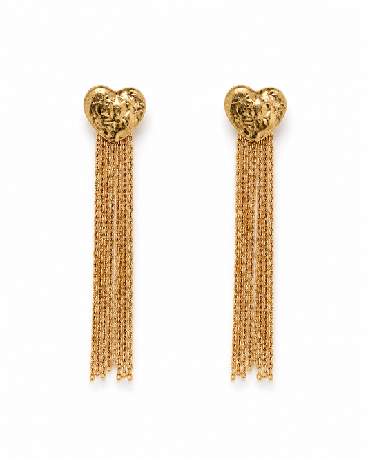 LAHARI gold-tone hammered heart chain fringe earrings by Neha Sharma Label, front view