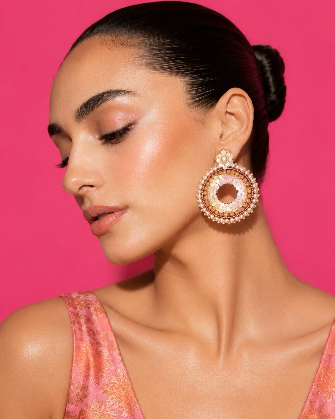 Neha Sharma Label Praline blush sequin and caramel bead hoop earrings with pearl-finish border.