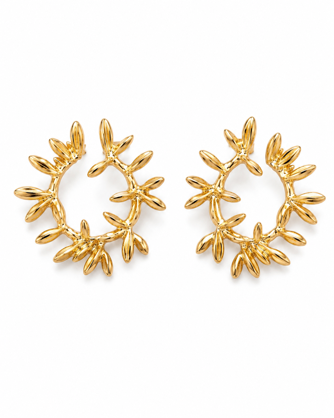 BARKHA gold-tone laurel leaf front-facing hoop earrings by Neha Sharma Label, front view