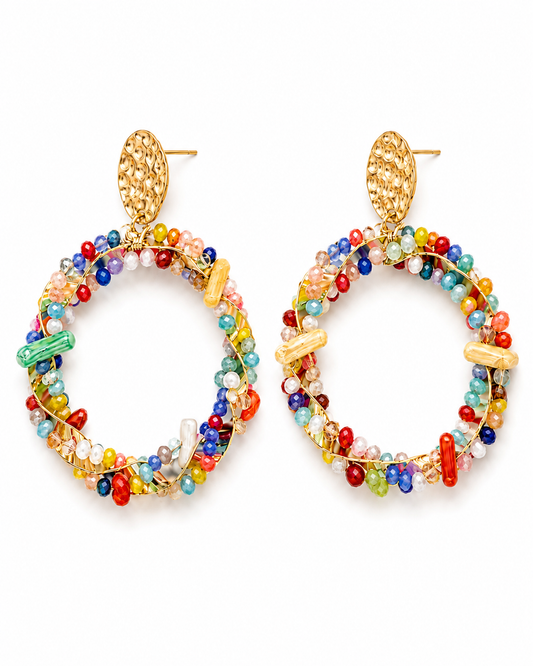 CASCATA gold-tone multicoloured beaded ring drop earrings by Neha Sharma Label, front view showing the hammered oval stud and push back