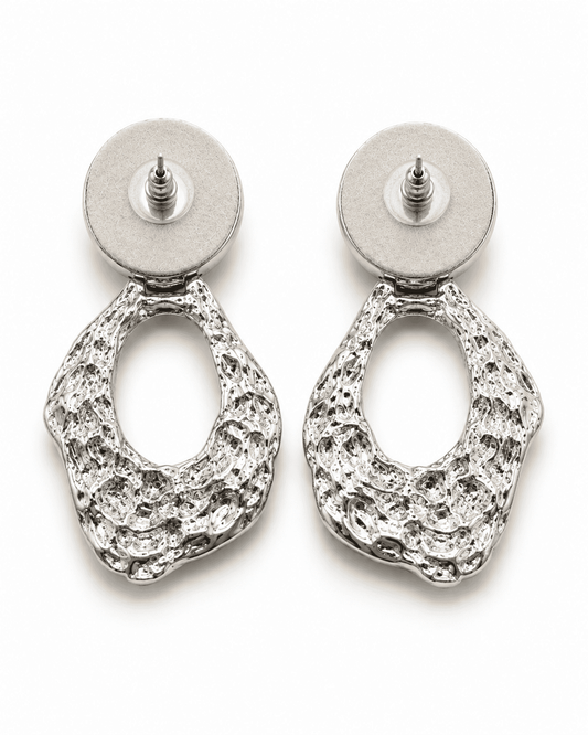 Back view of OCEANE silver-tone pearl drop earrings showing the push-back post and hinged joint