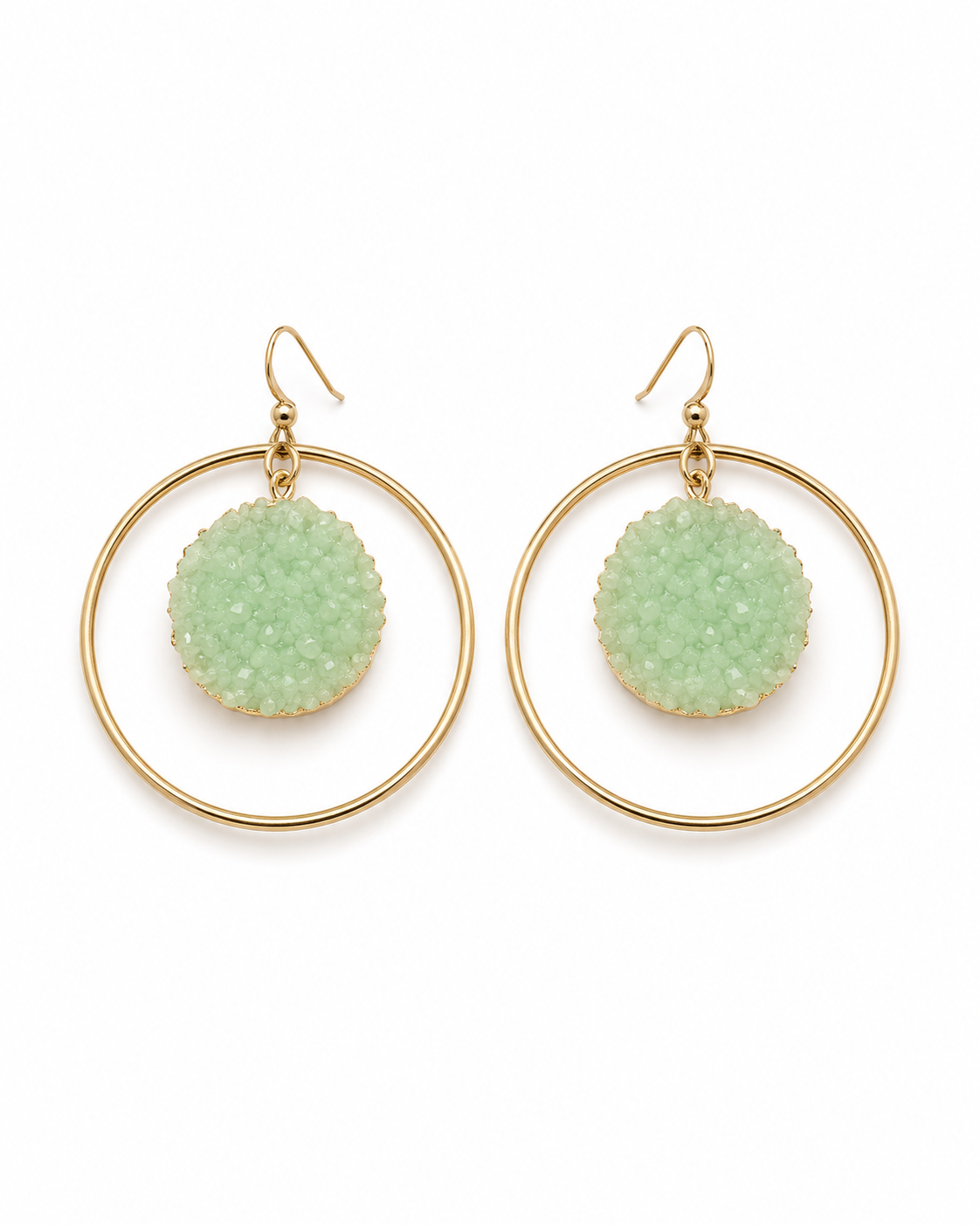 LAGUNA gold-tone hoop earrings with a single mint druzy stone, by Neha Sharma Label, front view showing the fish hook wire