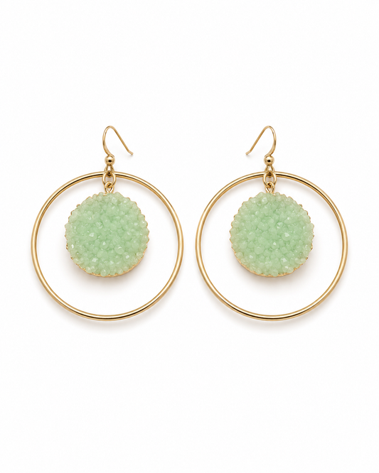 LAGUNA gold-tone hoop earrings with a single mint druzy stone, by Neha Sharma Label, front view showing the fish hook wire