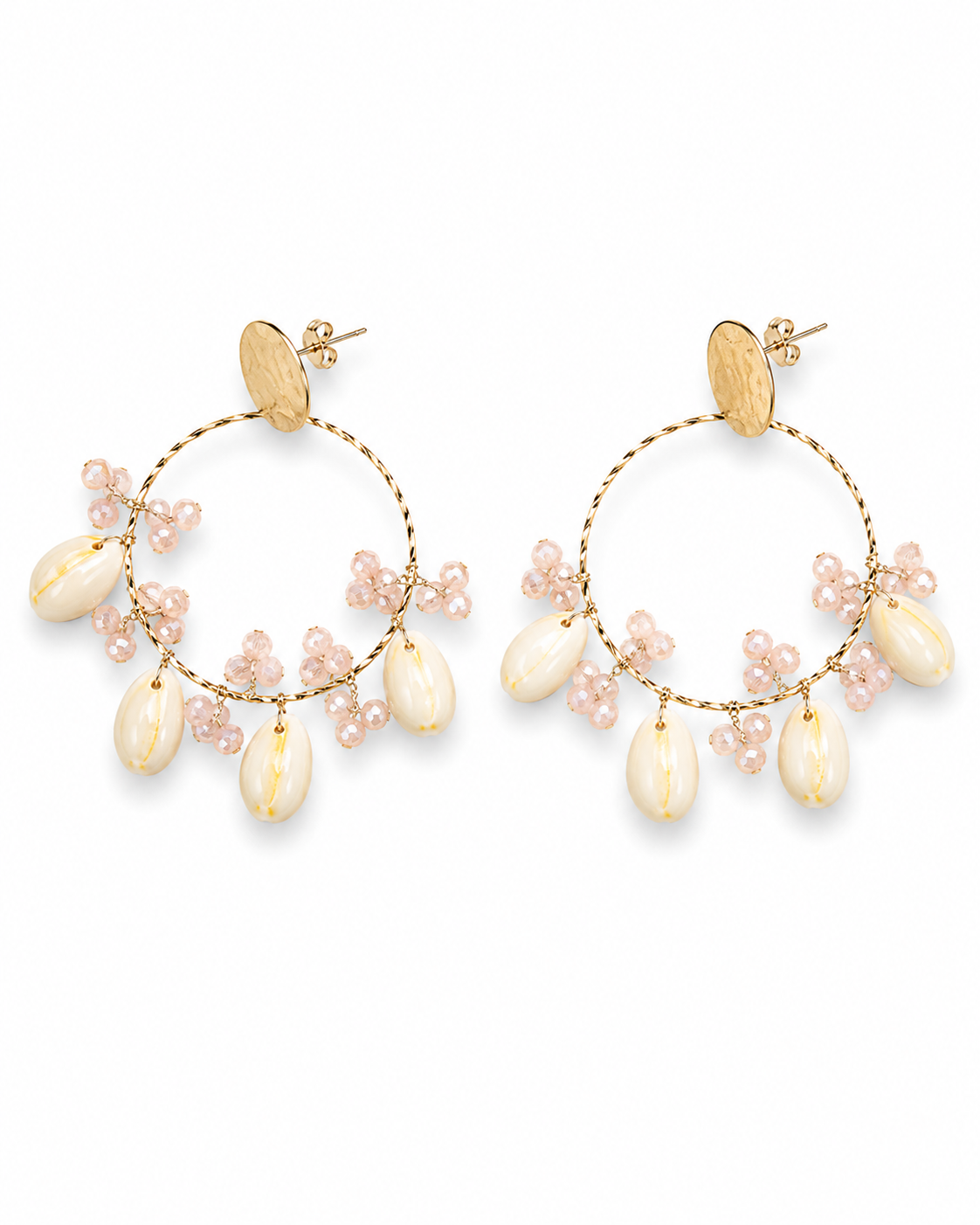 ROSABELLE - Blush Bead and Cowrie Charm Hoop Earrings