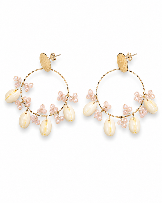ROSABELLE - Blush Bead and Cowrie Charm Hoop Earrings