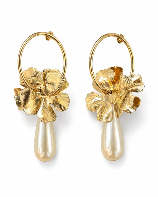 NERISSA gold-tone petal and pearl drop hoop earrings by Neha Sharma Label, front view