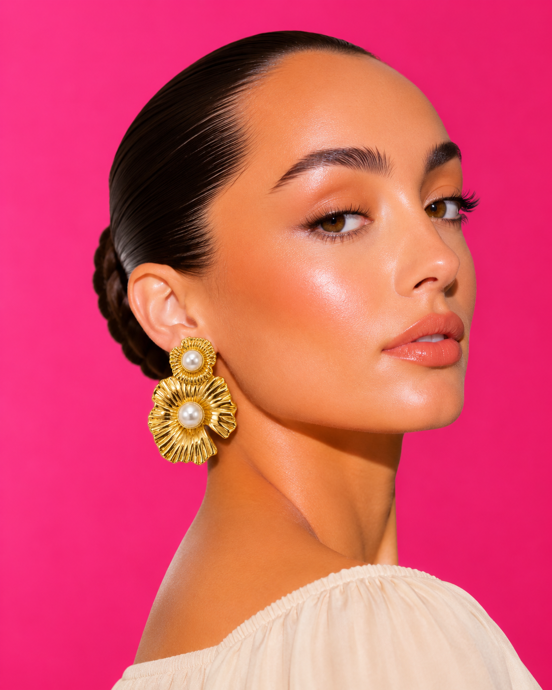 SAGARIKA - Gold-Tone Fluted Flower and Pearl Drop Earrings