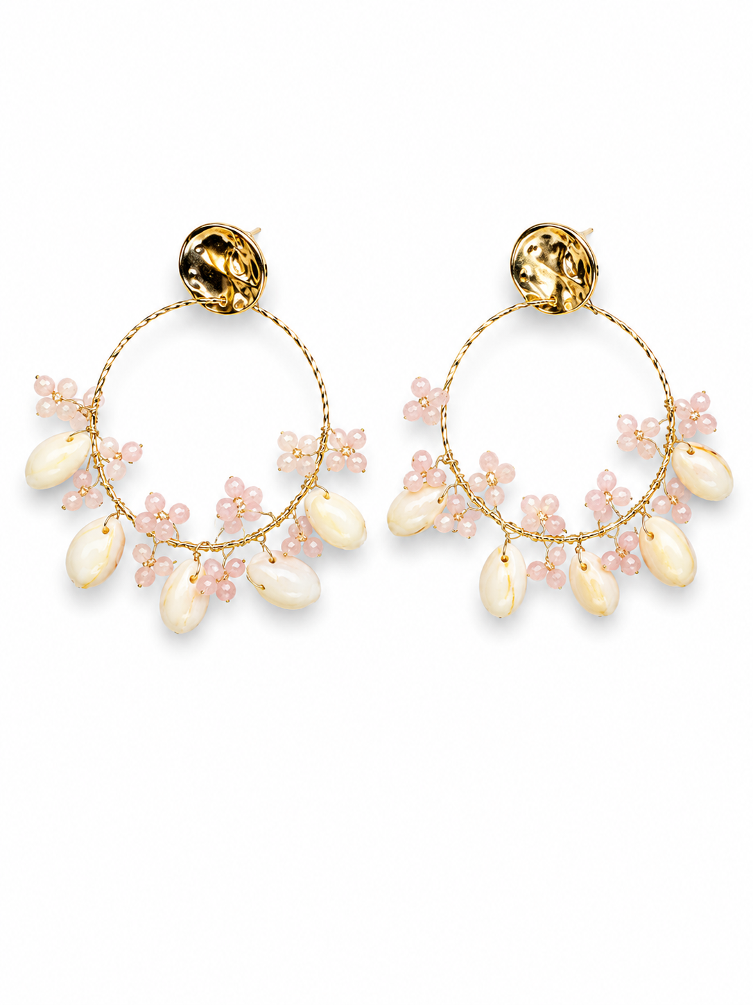 Neha Sharma Label Rosabelle blush bead and cowrie charm hoop earrings with hammered gold-tone stud.