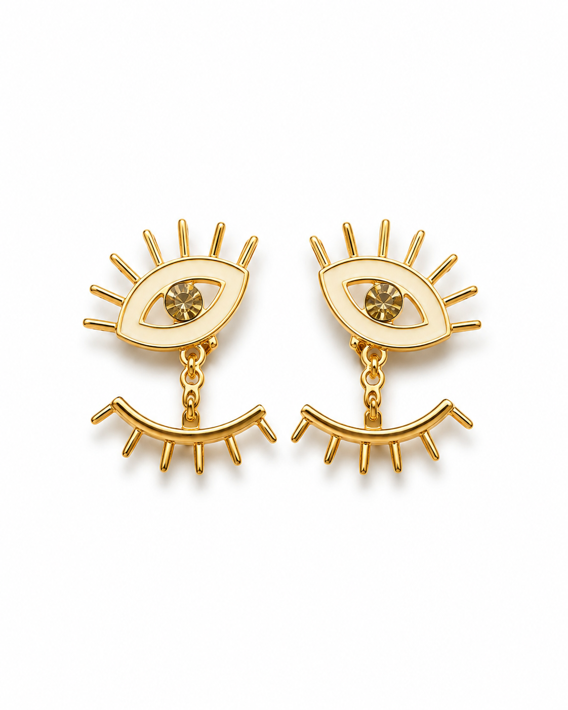 RIMJHIM gold-tone evil eye ear jacket earrings by Neha Sharma Label, front view with the lash jacket in place