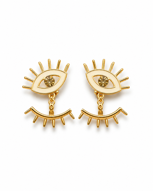 RIMJHIM gold-tone evil eye ear jacket earrings by Neha Sharma Label, front view with the lash jacket in place
