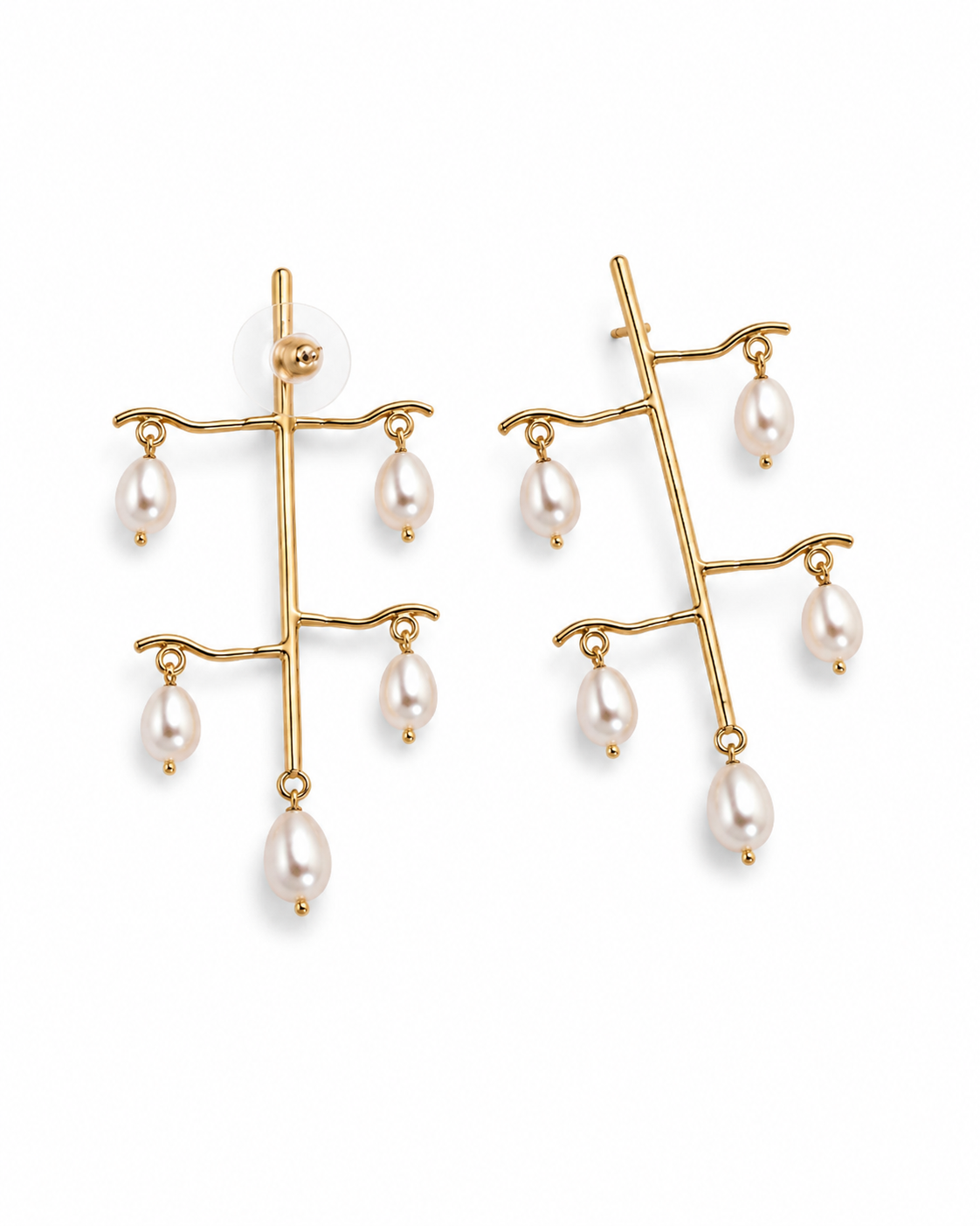 JHEEL earrings shown at an angle, five teardrop pearls hanging from each branched stem