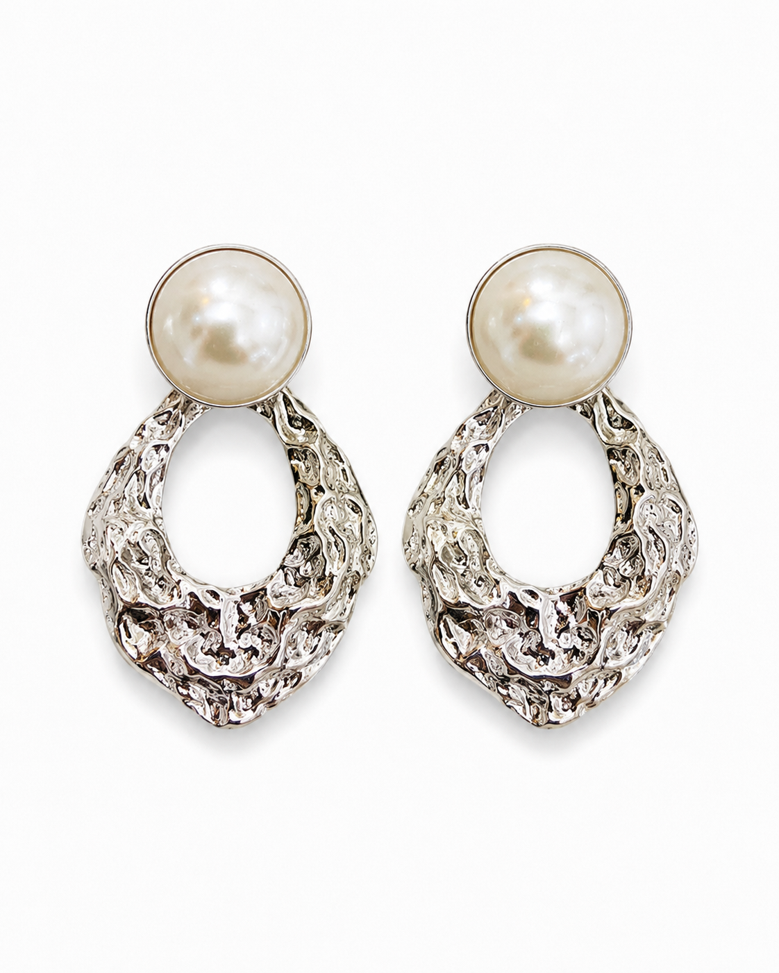 OCEANE silver-tone pearl door-knocker drop earrings by Neha Sharma Label, front view