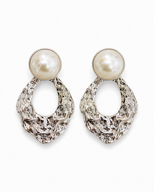 OCEANE silver-tone pearl door-knocker drop earrings by Neha Sharma Label, front view