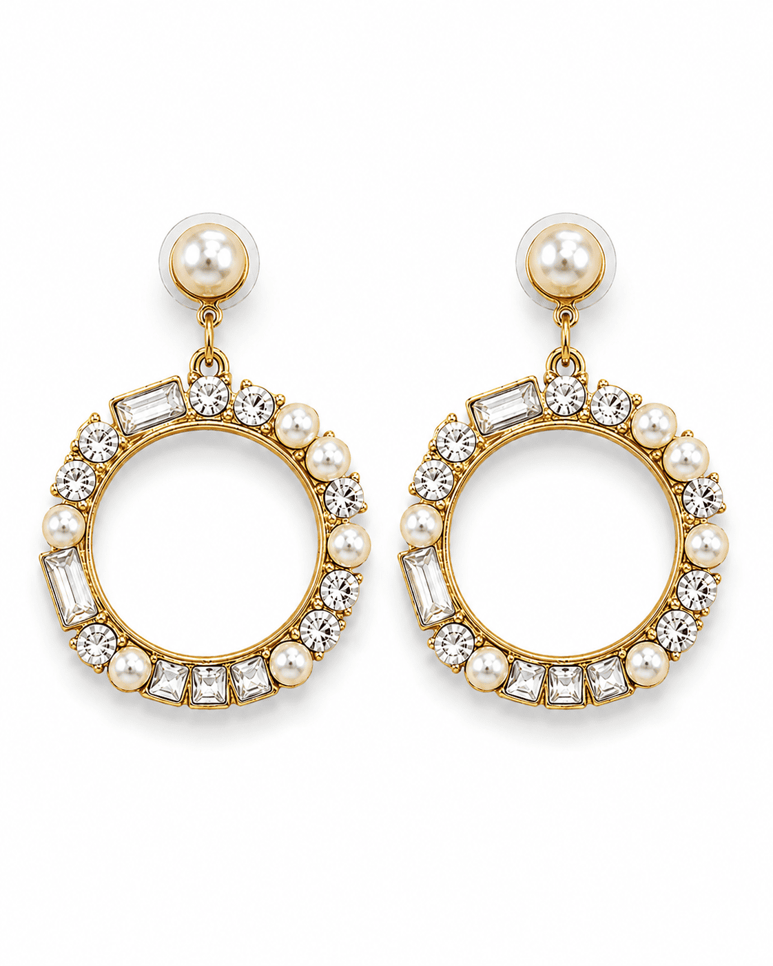 VENEZIA gold-tone circle drop earrings set with clear faceted stones and pearl domes, by Neha Sharma Label, front view