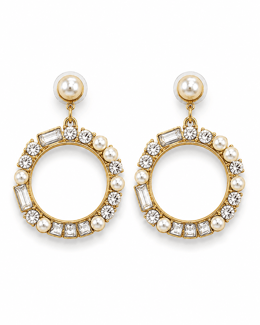 VENEZIA gold-tone circle drop earrings set with clear faceted stones and pearl domes, by Neha Sharma Label, front view