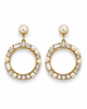 VENEZIA gold-tone circle drop earrings set with clear faceted stones and pearl domes, by Neha Sharma Label, front view