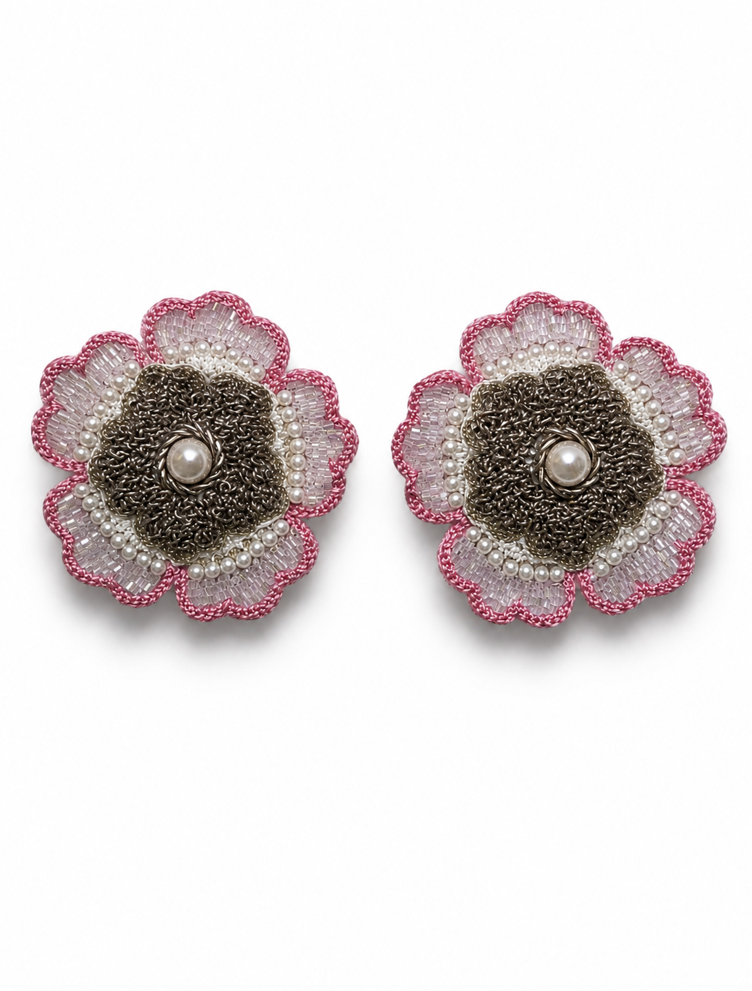 Neha Sharma Label Rose Truffle lilac and pink beaded flower stud earrings with pearl-finish accents.