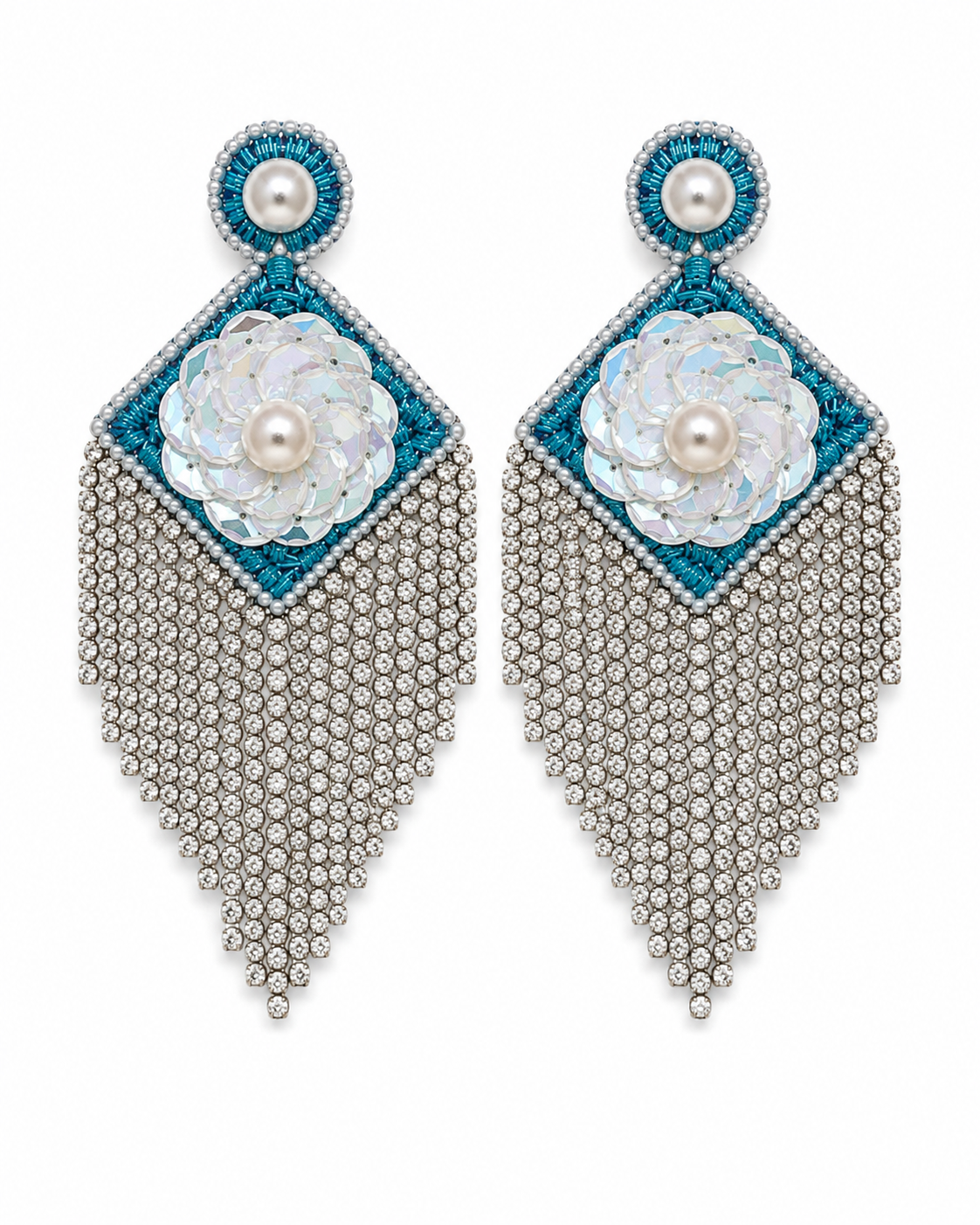 Neha Sharma Label Blue Macaron teal chandelier earrings with sequin flower and stone fringe.