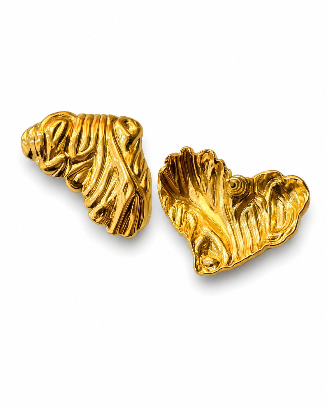 Angled view of ROSY HEARTS gold-tone folded heart earrings showing the depth of the relief