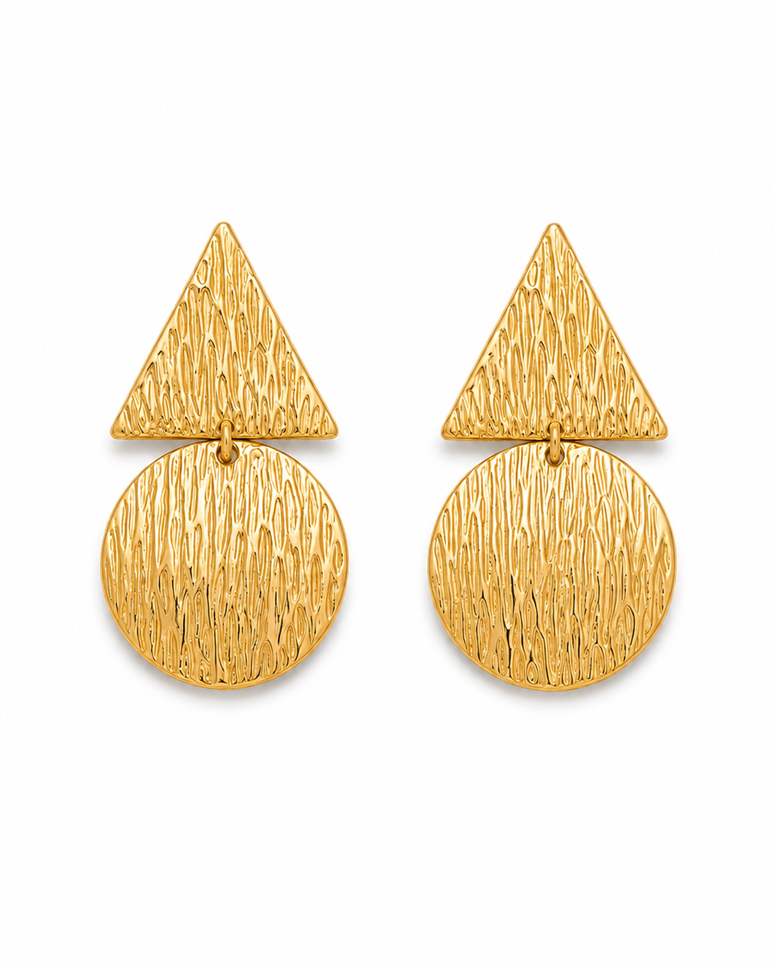 ONDINE gold-tone textured triangle and disc drop earrings by Neha Sharma Label, front view