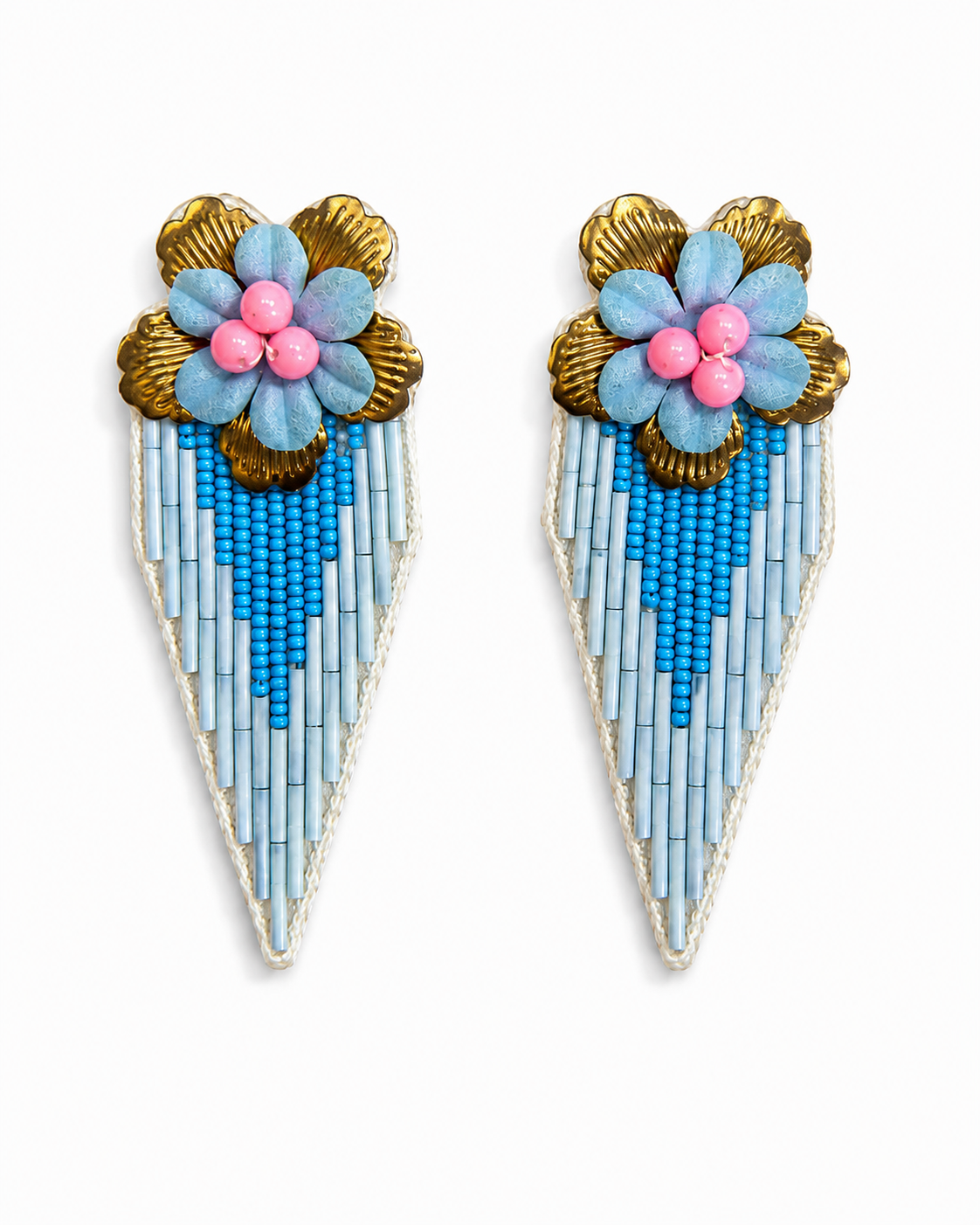 Neha Sharma Label Bluebell Frost blue bead fringe earrings with gold-tone flower crown.