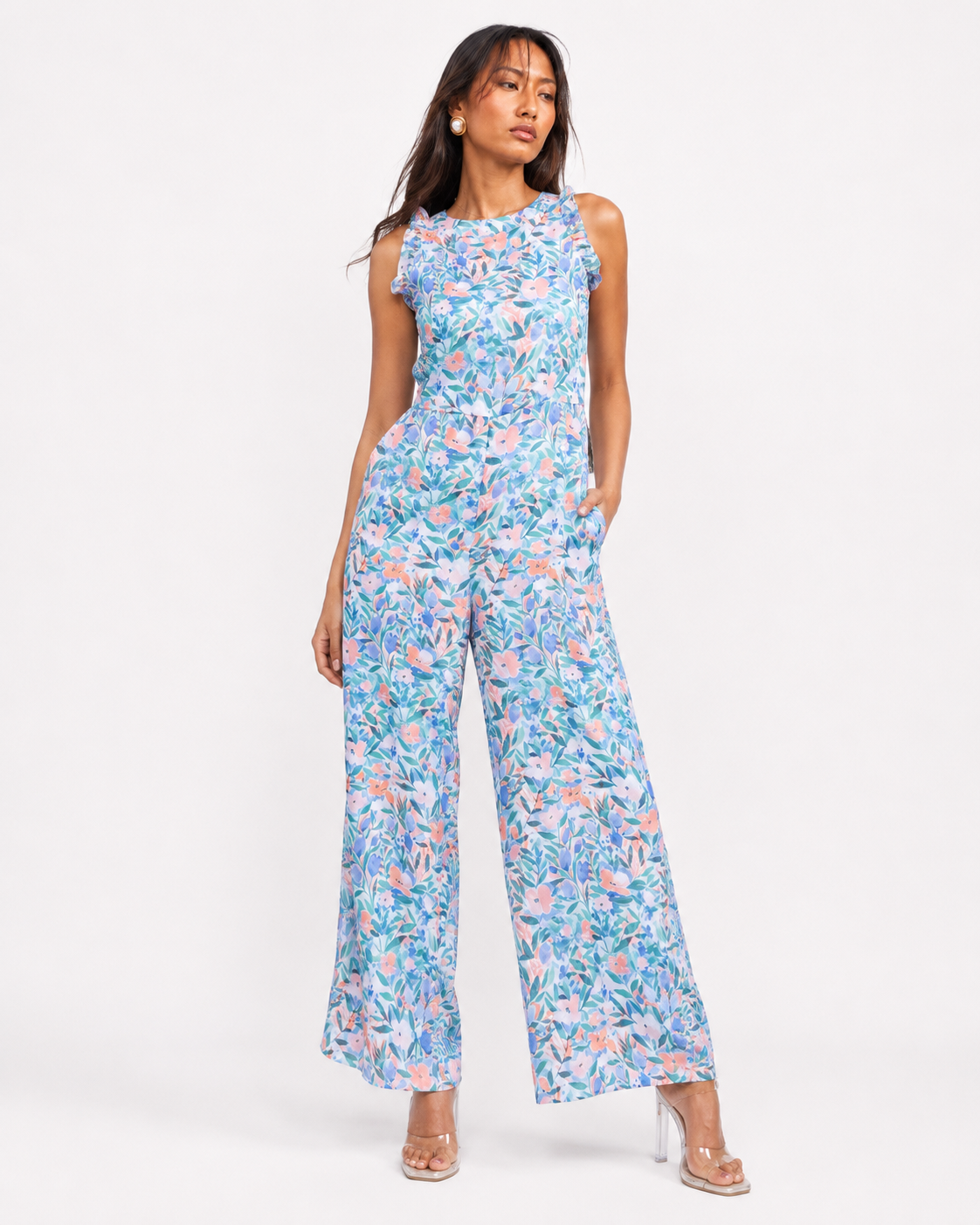 Back view of the FLEUR pastel floral print jumpsuit.