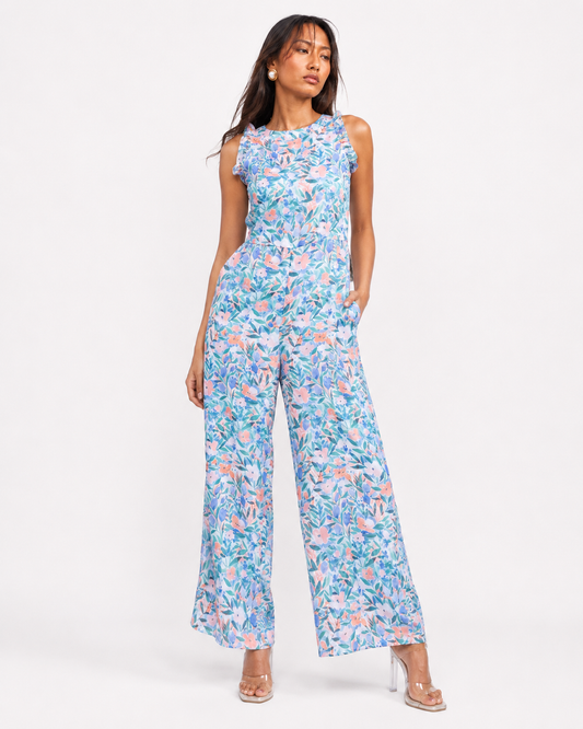 Back view of the FLEUR pastel floral print jumpsuit.