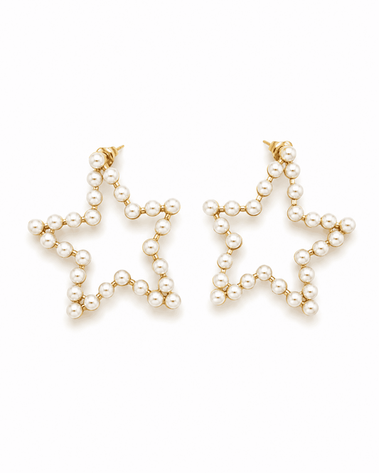 DARYA gold-tone pearl star earrings by Neha Sharma Label, front view showing the post