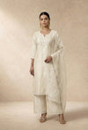 Neha Sharma Label ALIZAH ivory organza kurta set with tonal embroidery and scalloped dupatta.