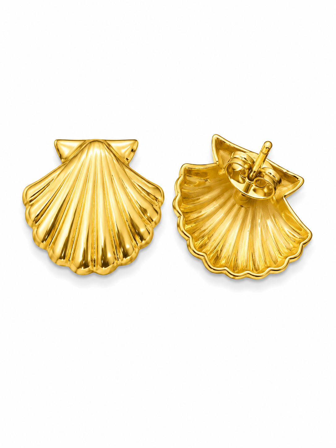 Front and back view of BAHIA gold-tone scallop shell studs showing the hollow back and butterfly push back