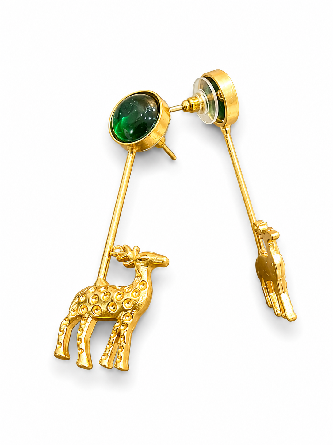 Angled view of HARINI earrings showing the post and push back behind the green-finish cabochon