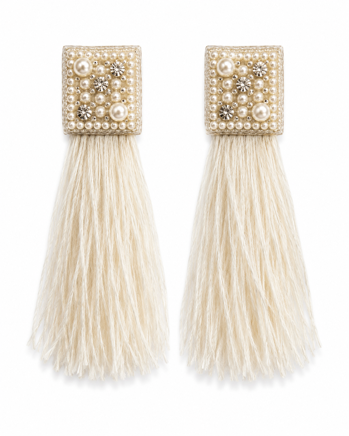 Neha Sharma Label Panna Cotta ivory thread tassel earrings with pearl-finish beaded square top.