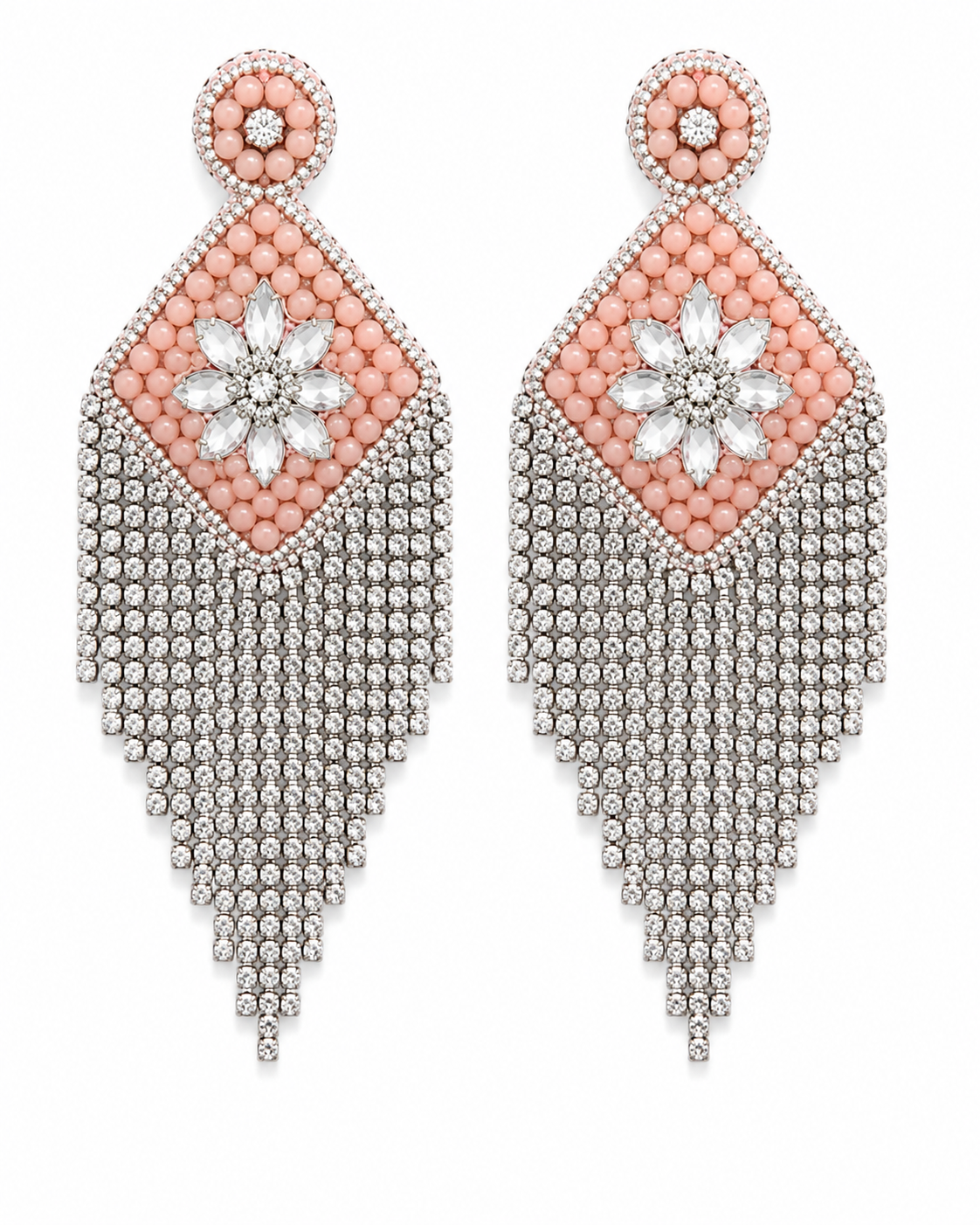 Neha Sharma Label Crystal Candy blush beaded chandelier earrings with graduated stone fringe.