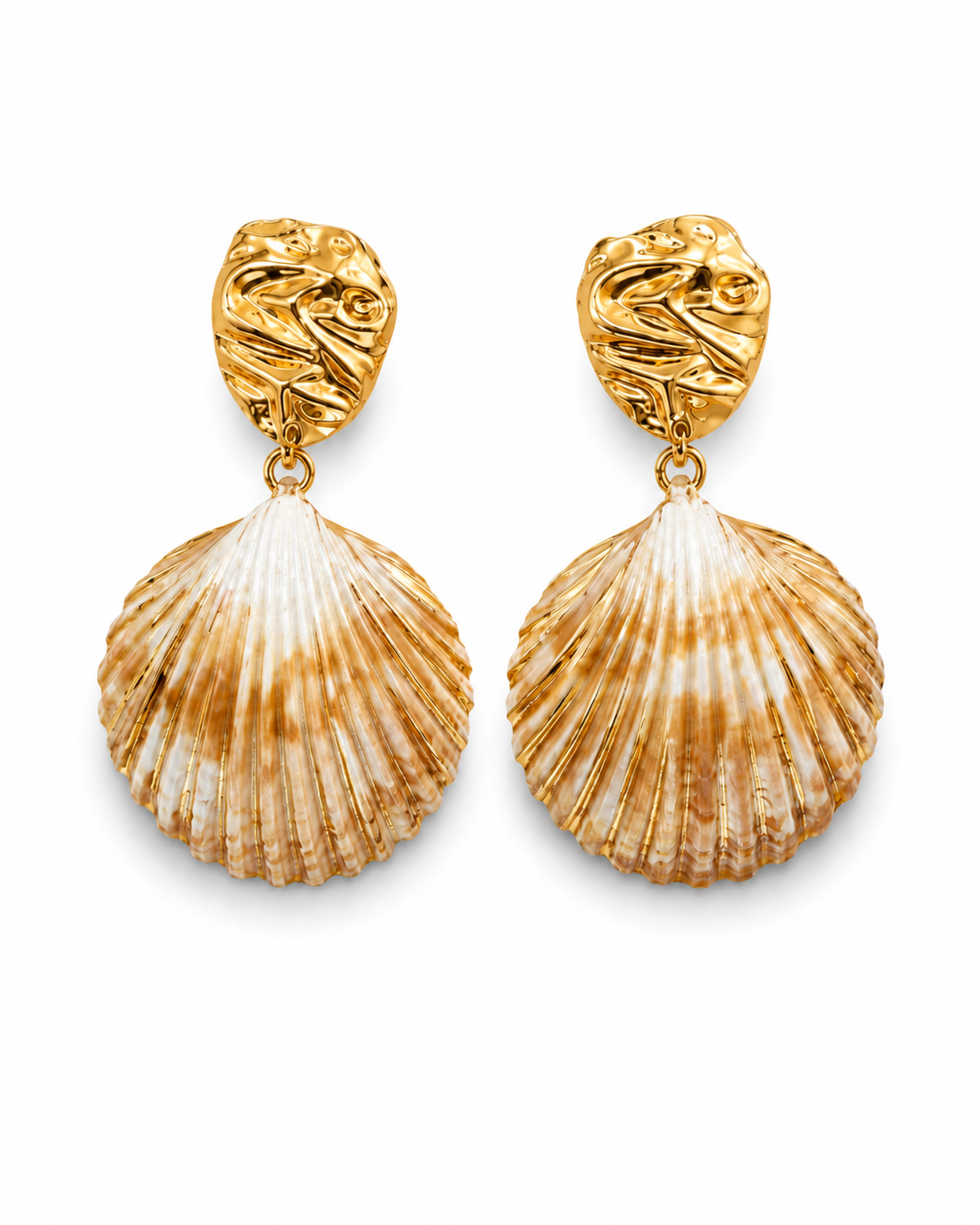 SCALLIA gold-tone molten stud and banded shell drop earrings by Neha Sharma Label, front view